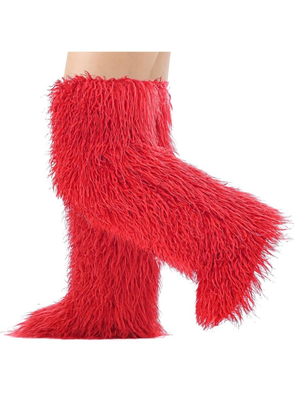 👢Women's Red Faux Fur Thigh High Boots Comfy Round Toe Over the Knee Boots